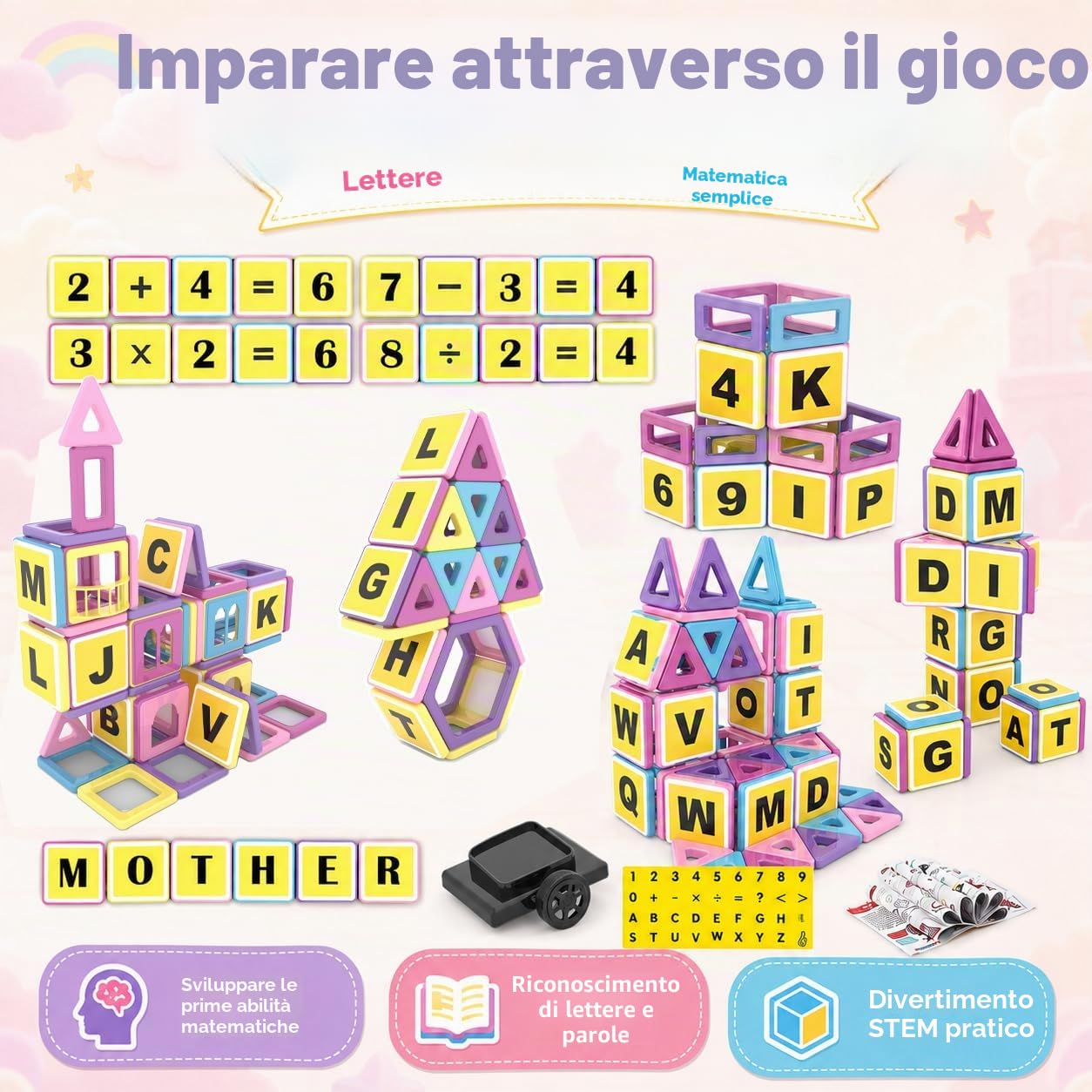 Blocchi magnetici per bambini, 173 pezzi, mini blocchi magnetici, colore macaron, 3D, giocattolo educativo ispiratore per ragazze e ragazzi dai 3 anni, regalo di compleanno