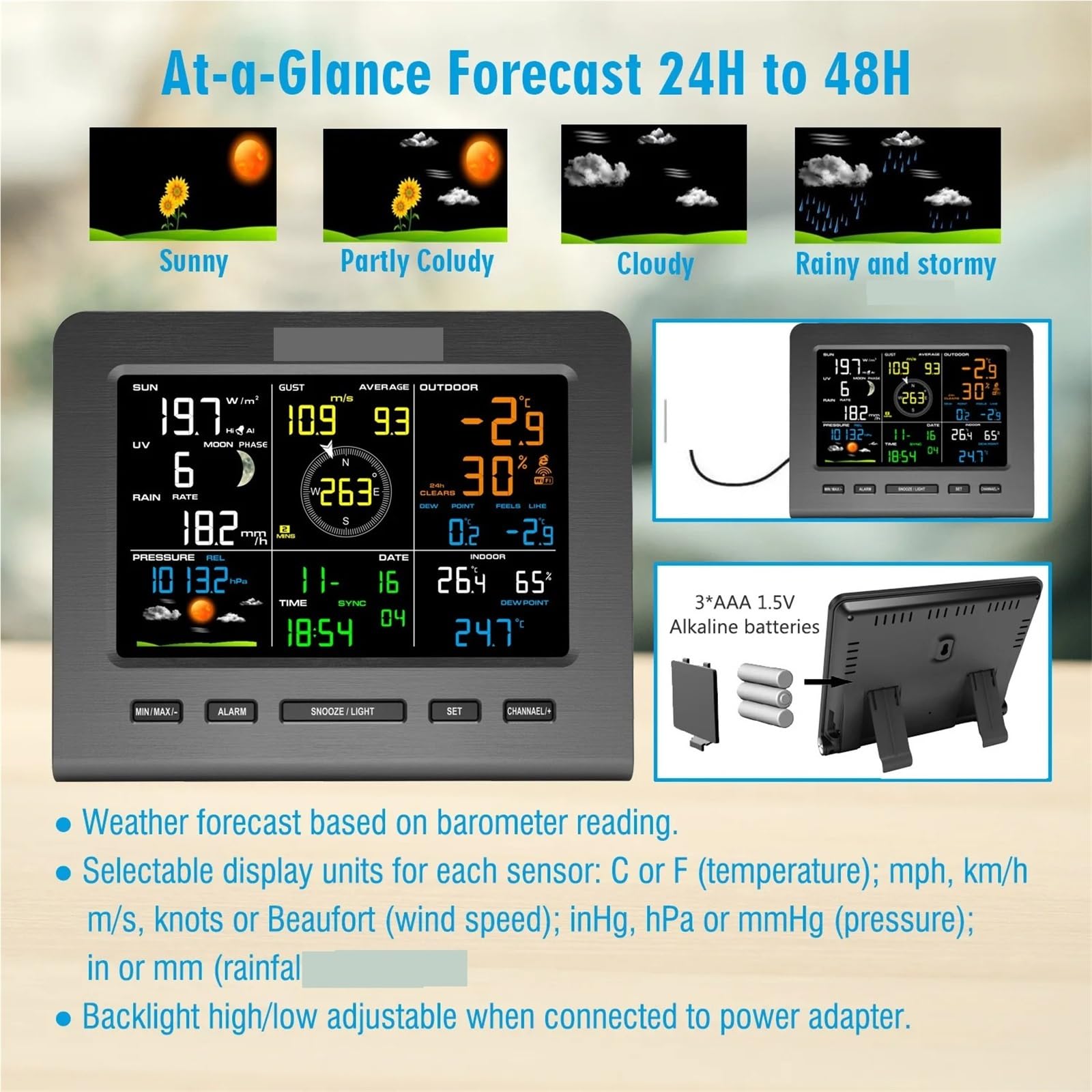 Inteligentna Stacja Pogodowa WiFi 7 W 1 Wewnętrzny Monitor Zewnętrzny