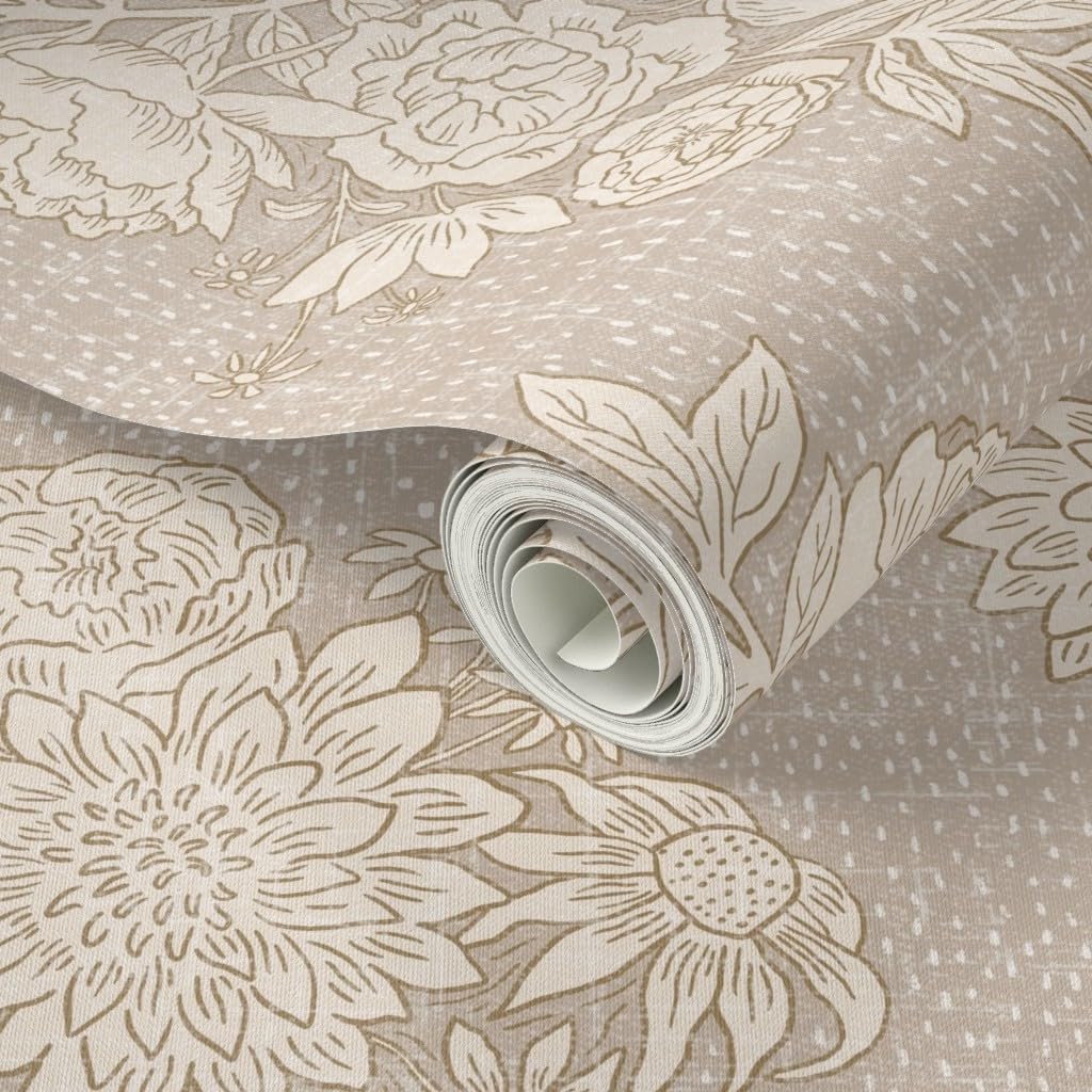 Peel & Stick Wallpaper 3ft x 2ft - Vintage Peony Country Floral Botanical Neutral Rustic Boho Tan Taupe Custom Removable Wallpaper by Spoonflower