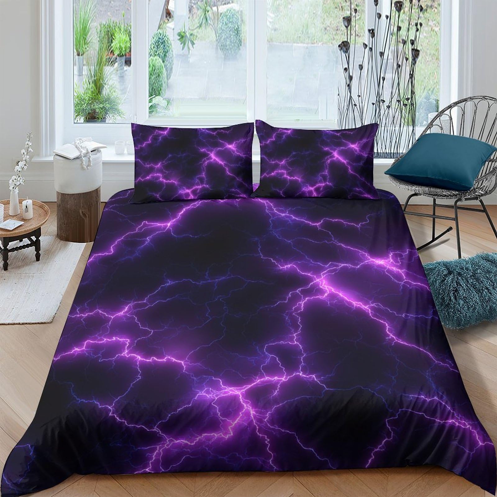 P5V6M1Q9 3D Printed Purple Lightning Duvet Cover Microfiber Soft Breathable Thunderstorm Quilt Cover Bedding Set with 2 Pillowcases for Bedroom Apartment Single（135x200cm）