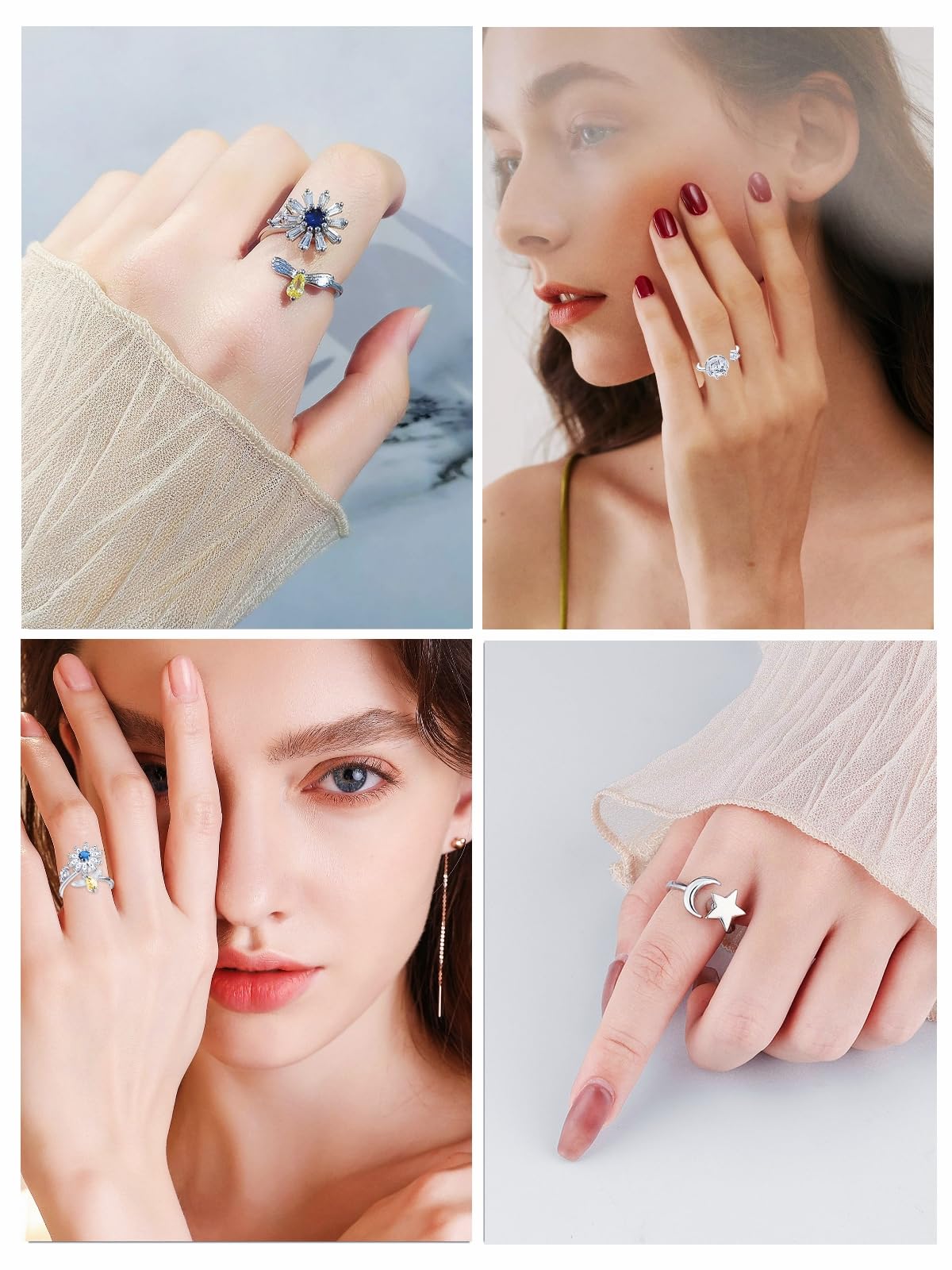 WBDWWTD KRFY Anillo de ansiedad para mujeres, anillo Fidget de plata para Adolescentes Niñas Niños, Anillos Fidget Ajustables con Spinner Abierto para Mujeres Ansiosas con Perlas Anillos para Pulgar