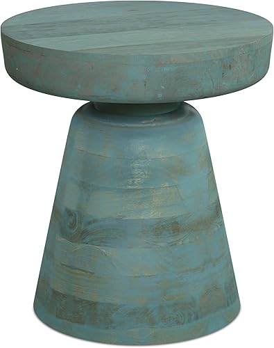 SIMPLIHOME Robbie - Mesa redonda de madera de mango maciza de 16 pulgadas de ancho, estilo bohemio, contemporánea, rústica en color verde azulado,