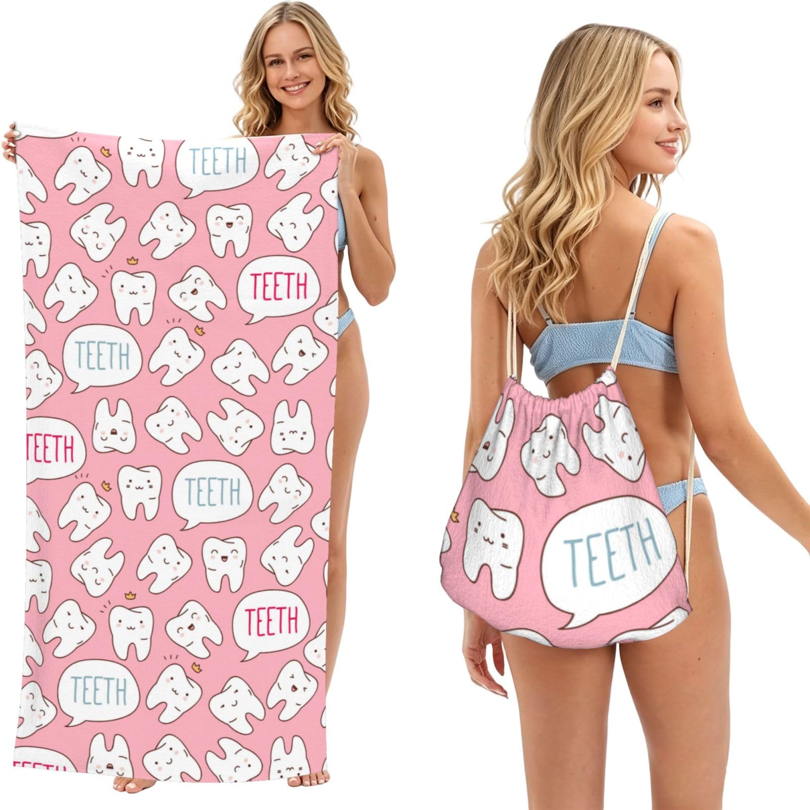 Poadnly As Picture Kawaii Dentist Teeth, 2 In 1 Packable Towel Bag, Beach Towels With Drawstring Backpack For Travel Holiday Camping