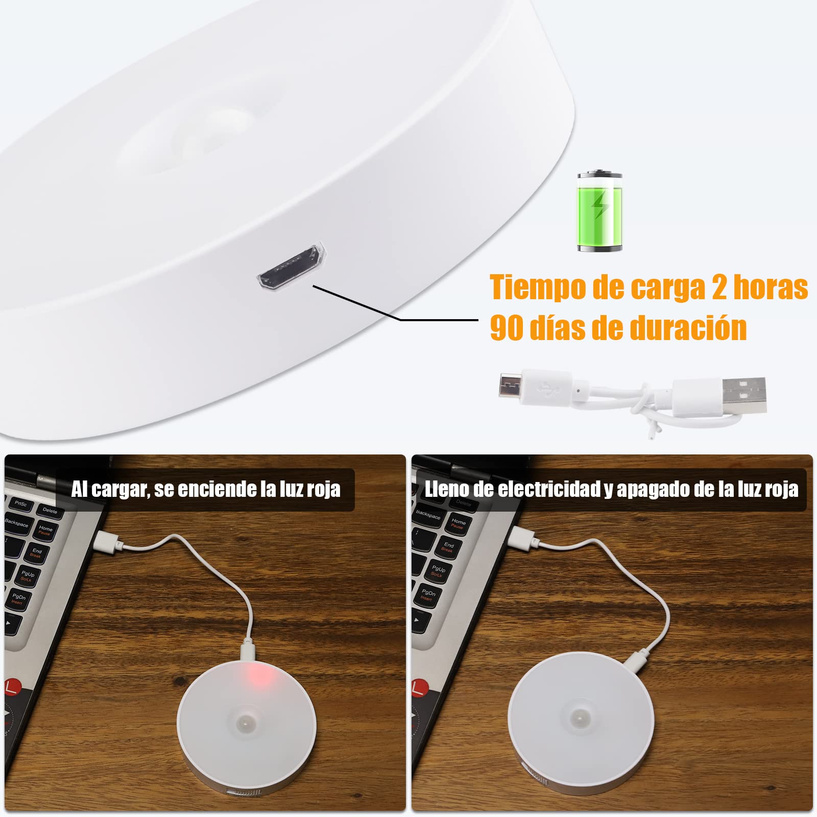 3 Pack Luz Nocturna LED Recargable por USB, Sensor de Movimiento para Interiores, 8 LED, 3 Modos (AUTO/ON/Off), para Dormitorio, Armarios, Pasillo, Escaleras, Garaje, Entrada (Blanco)