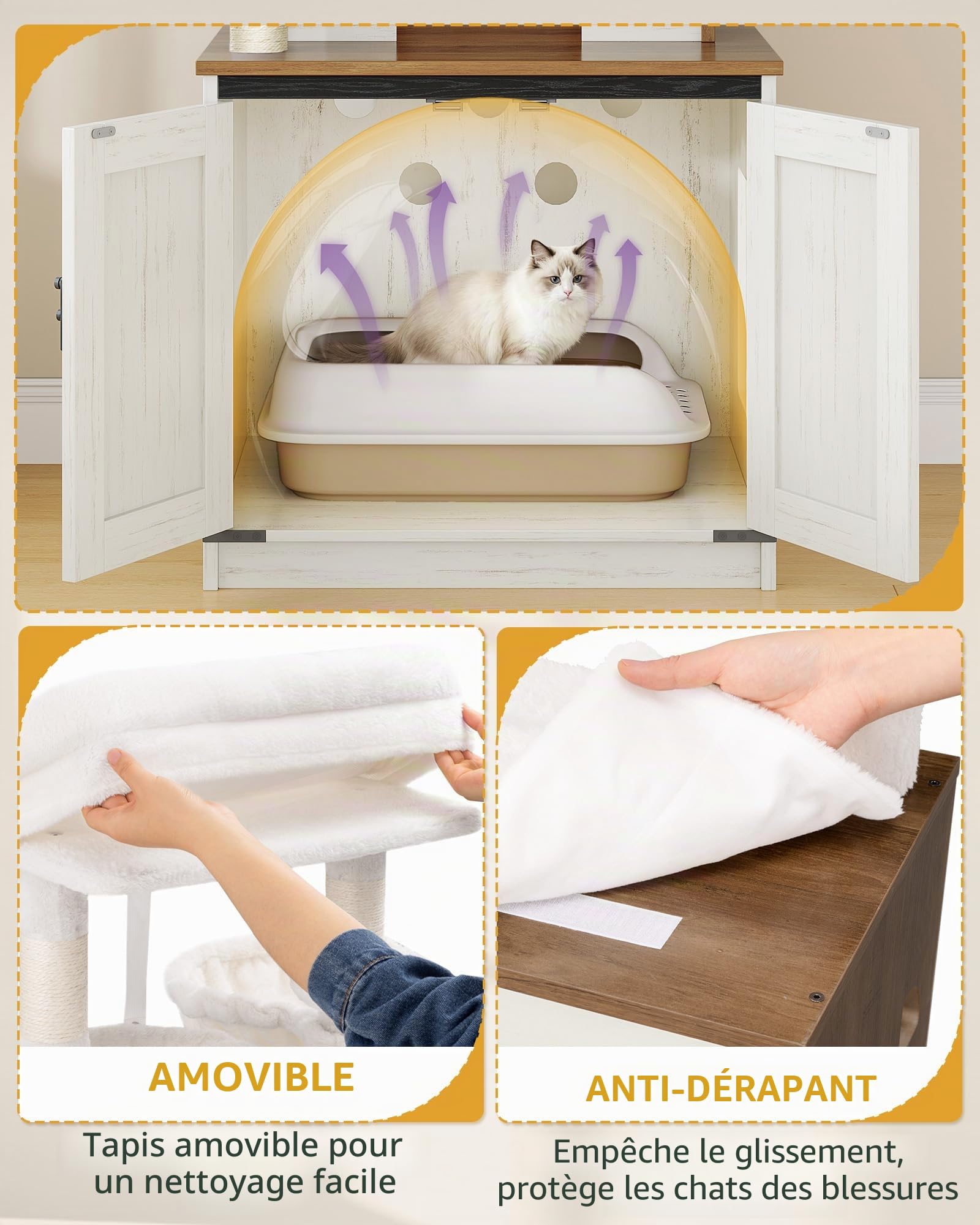 Hzuaneri Arbre à Chat avec Meuble Litiere Chat, 150cm Haut, Marron et Blanc | Coussin Lavable, Deux Grandes Plateformes, Poteau Sisal, Panier pour Chat, Maison pour Chat, Balles Peluche, CB89214WT