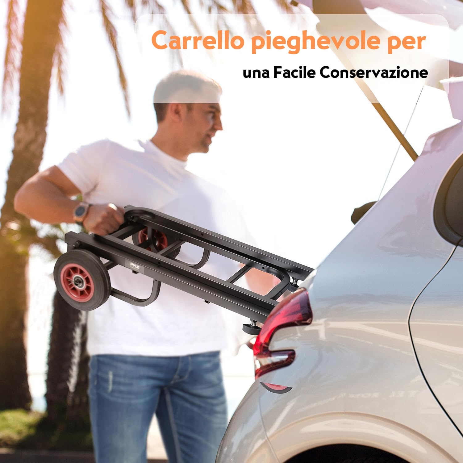 Pyle PKEQ48 Carrello con Ruote Portatutto Pieghevole, Carrello Portatutto Compatto 8-in-1 Pieghevole e Leggero, Carrello Manuale/Dolly/Carrello Piattaforma, Estensibile Fino a 69,9 cm a 112,4 cm