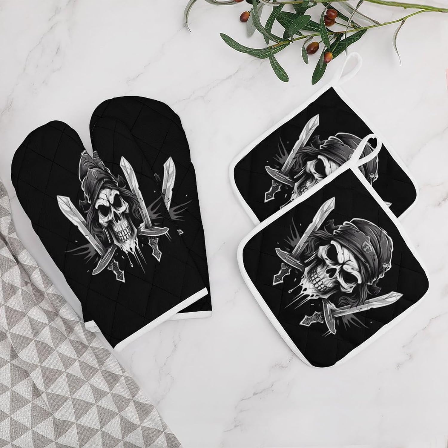 Pirate Flag Skull Flag 4 Pcs Oven Mitts and Pot Holders Set High Heat Resistant Long Kitchen Oven Glove Potholders