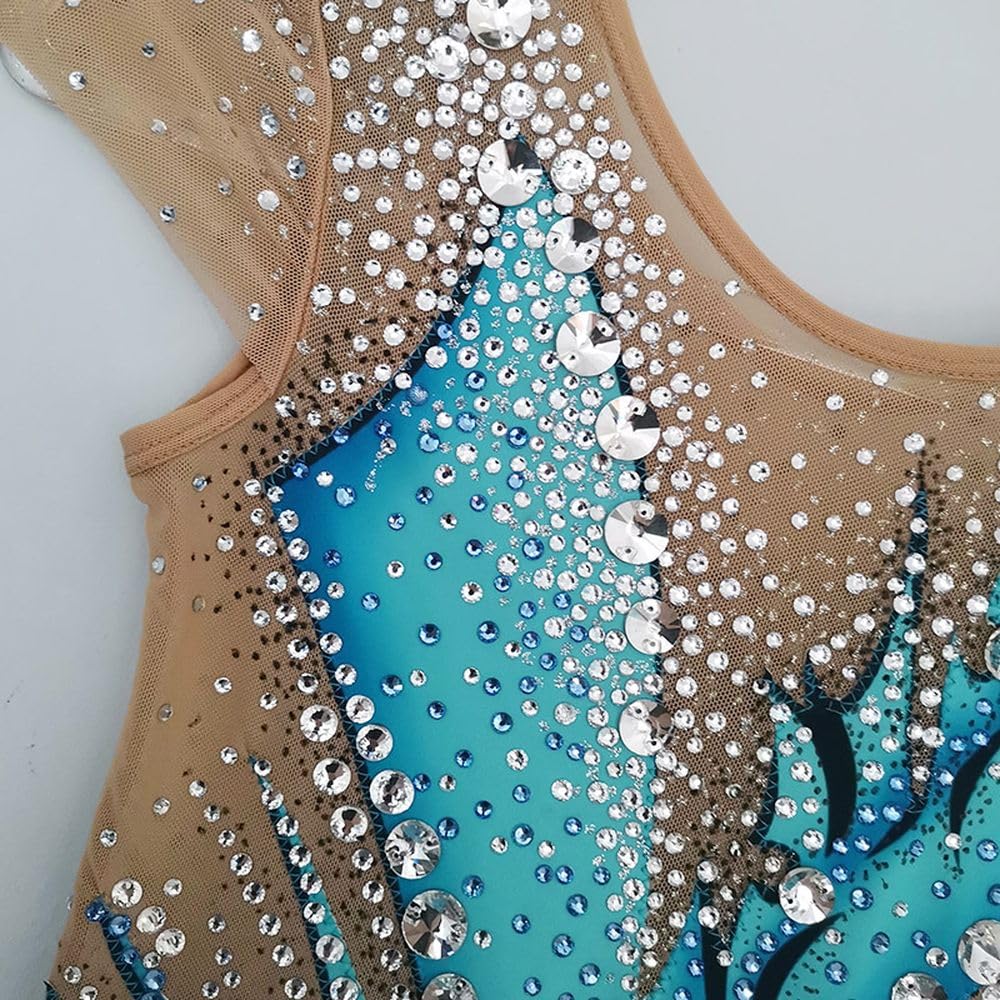 LIUHUO Justaucorps de gymnastique rythmique dégradé bleu-vert de luxe Flash Diamond Girl Compétition Performance