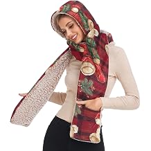 Winter Warm Hat,Scarf,Mitten 3 in 1 for Women Men Christmas Teddy Bear Plaid Fleece Hooded Scarf 21214737