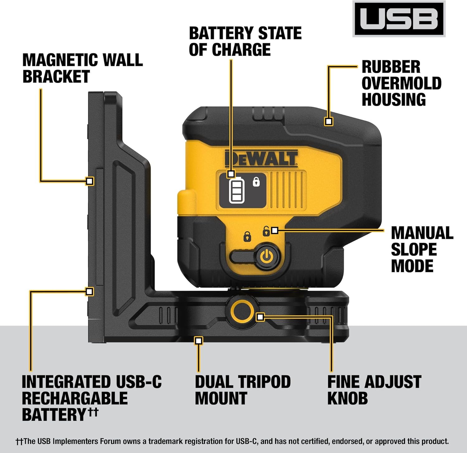 DEWALT Green 3 Spot Self Leveling Laser Level Kit, USB Rechargable Green Laser Level, USB Cable, Mounting Base and Storage Case Included, Long Runtime (DCLE16031GB)