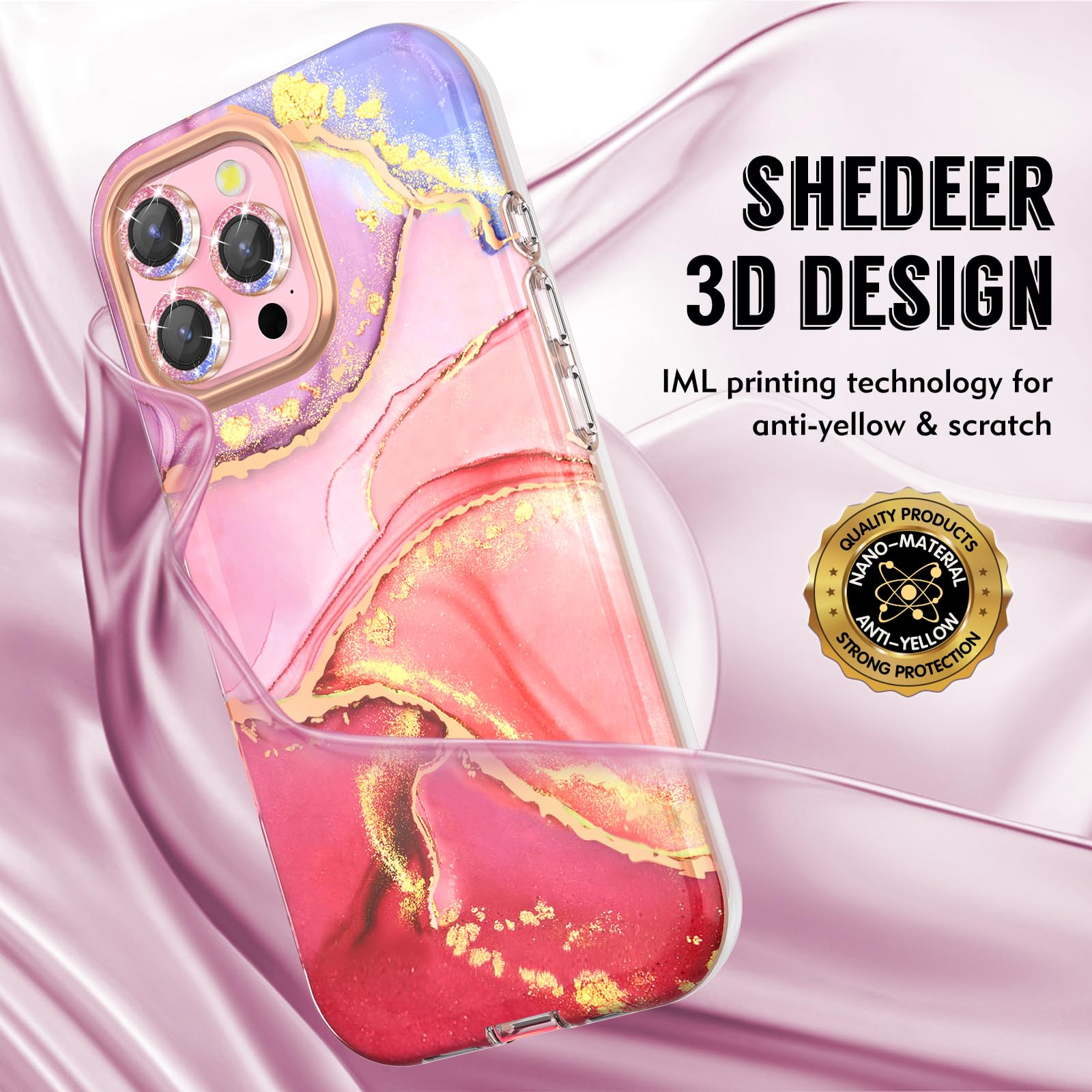 SHEDEER for iPhone 16 Pro Max Case with Glitter Camera Protector + Screen Protector, Chic Anti-Yellowing Pattern - Image 3
