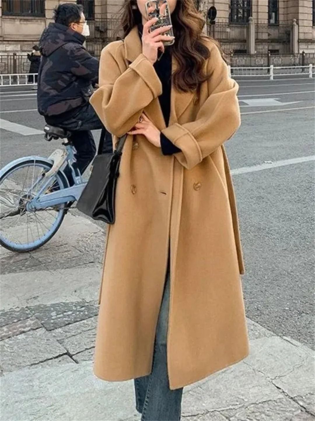 Abrigo de lana suelto para mujer, abrigo largo con cinturón, abrigo cálido para mujer