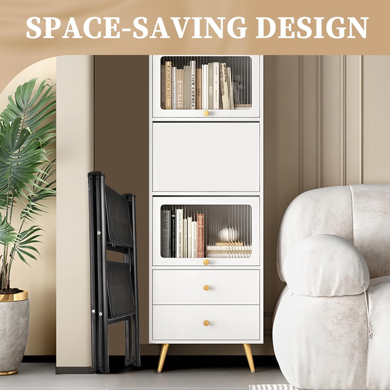 HBTower 2-Step Ladder folded flat and stored upright next to a bookshelf, demonstrating its space-saving design.