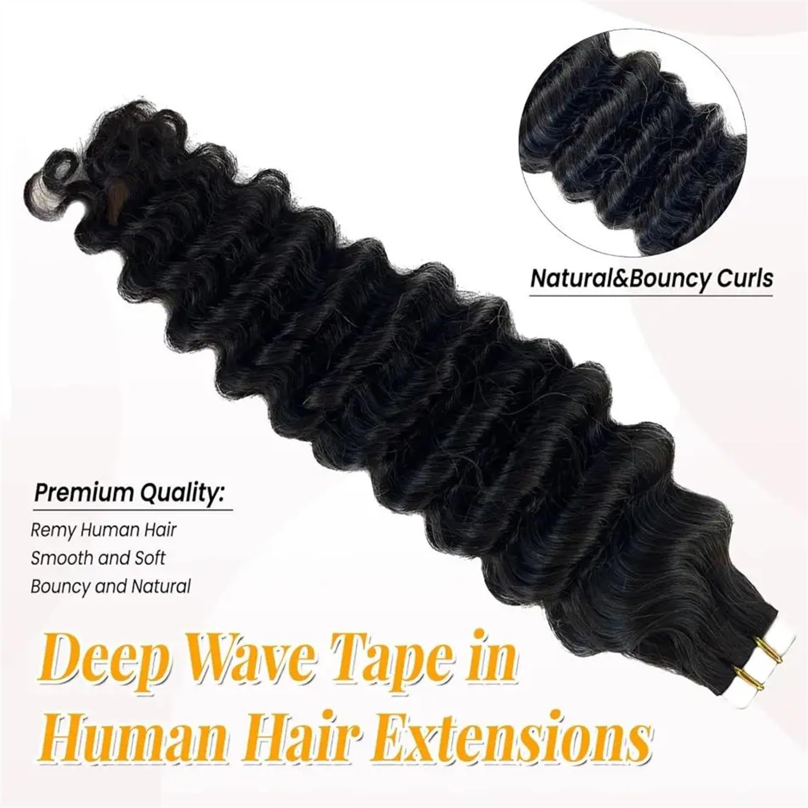 Taśma do przedłużania włosów, Deep Wave Tape in, naturalne włosy, Jerry Curly, naturalna czerń, niewidoczne, dwustronne, przedłużanie włosów #1B, taśma perukowa (40 szt., 100 g, 60 cm