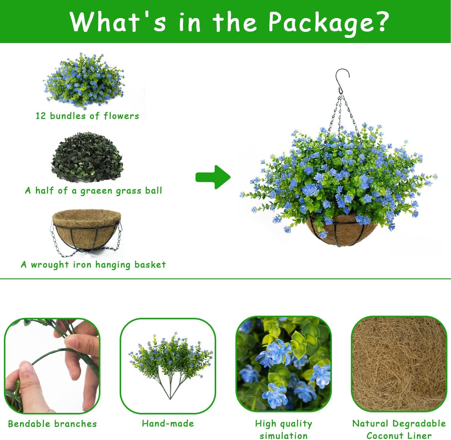 Artificial Hanging Flowers Basket, 12 UV-Resistant Bundles of Realistic Fake Flowers, Faux Plants for Outdoor Decor, Home, Garden, Porch, Patio, Spring & Summer Decorations, Blue - Image 2