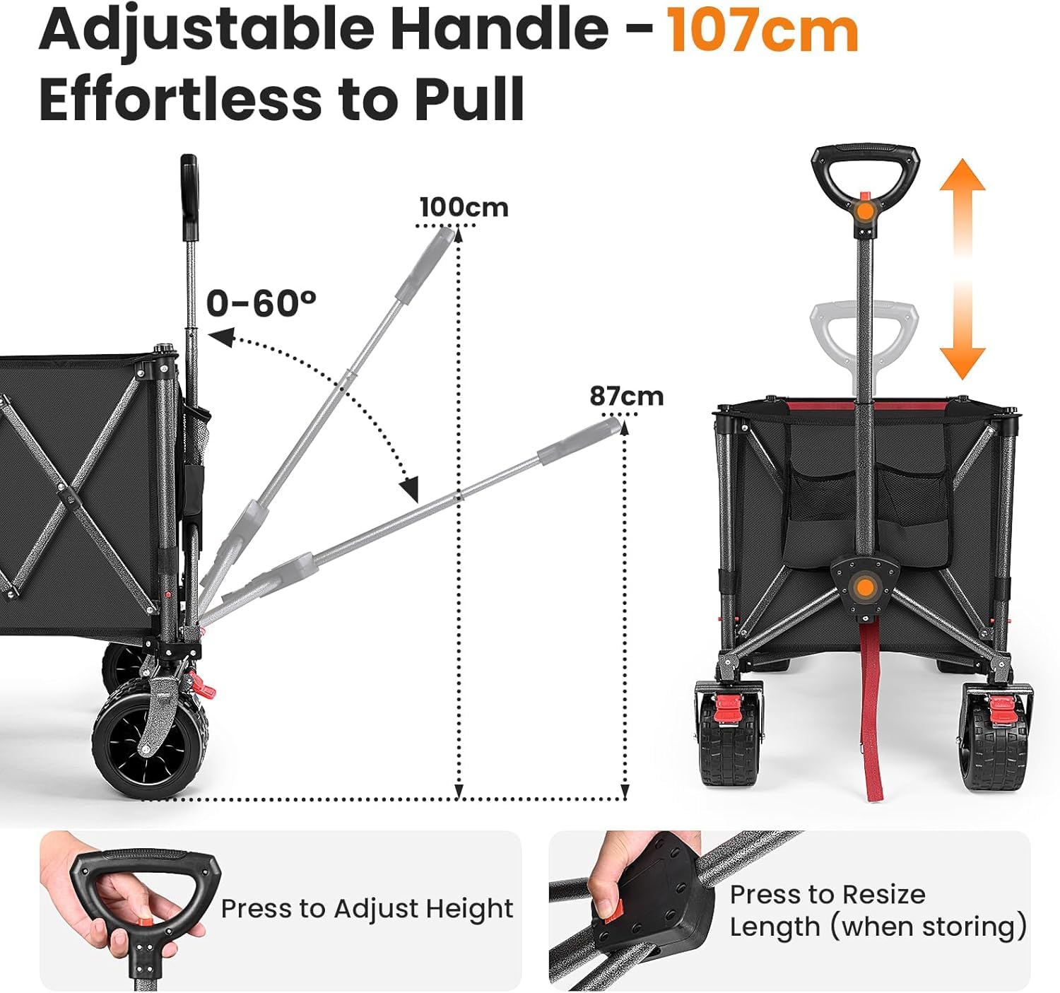 YEAUPE PRO Bollerwagen faltbar mit Feststellbremse, 66L 50kg, Faltbarer Bollerwagen aus 4 Richtungen, Höhenverstellbarer Griff & Seitenöffnung für Garten, Camping, Strandwagen & Einkaufen, Schwarz
