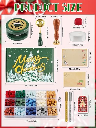 Miniatura 2 de Lanstics - Kit de sellos de cera de Navidad, cabeza de latón, 375 cuentas de sello de cera en 15 colores, calentador de cera de sellado, cuchara