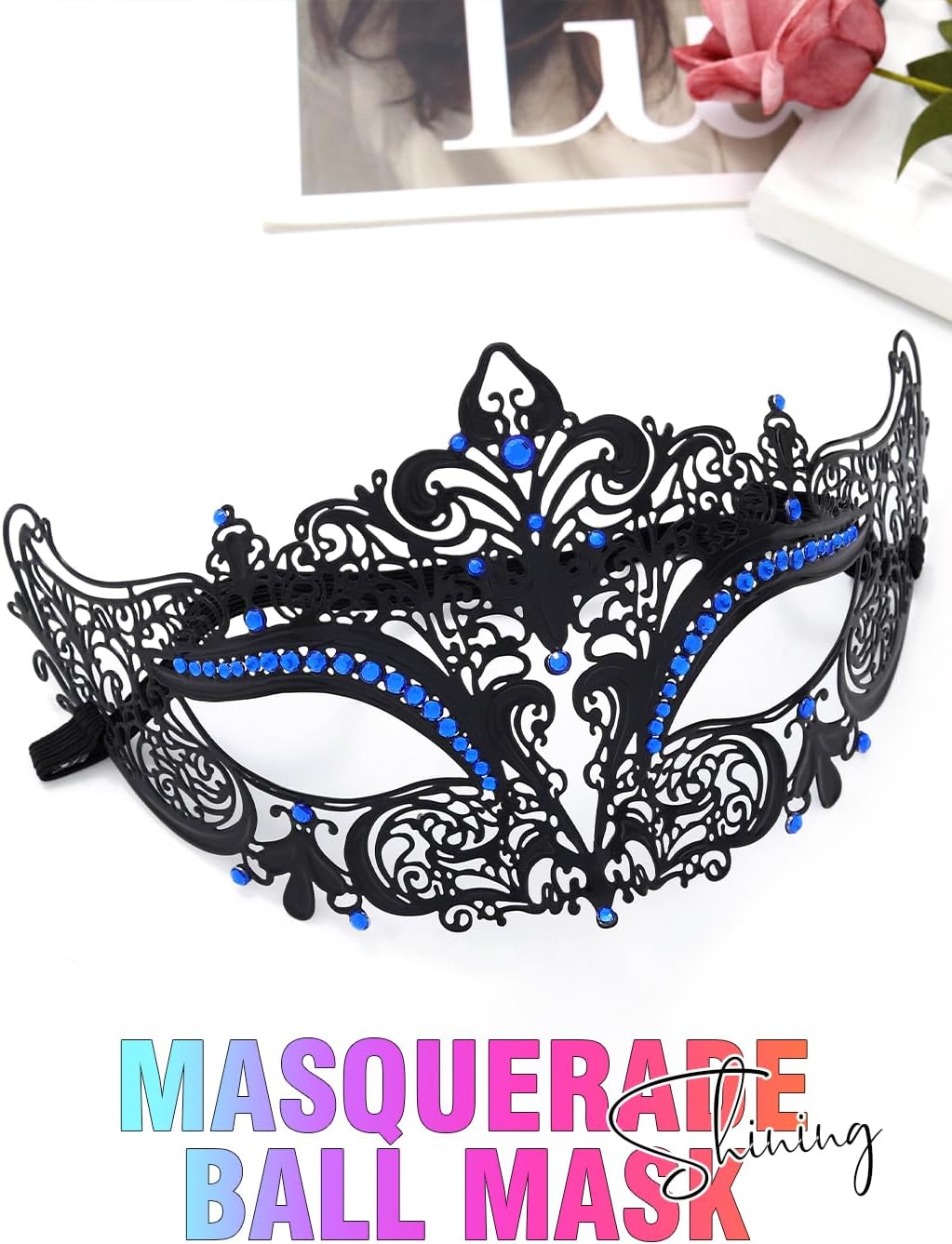 Campsis Women Masquerade Mask Blue Rhinestone Masquerade Ball Mask Metal Venetian Masks