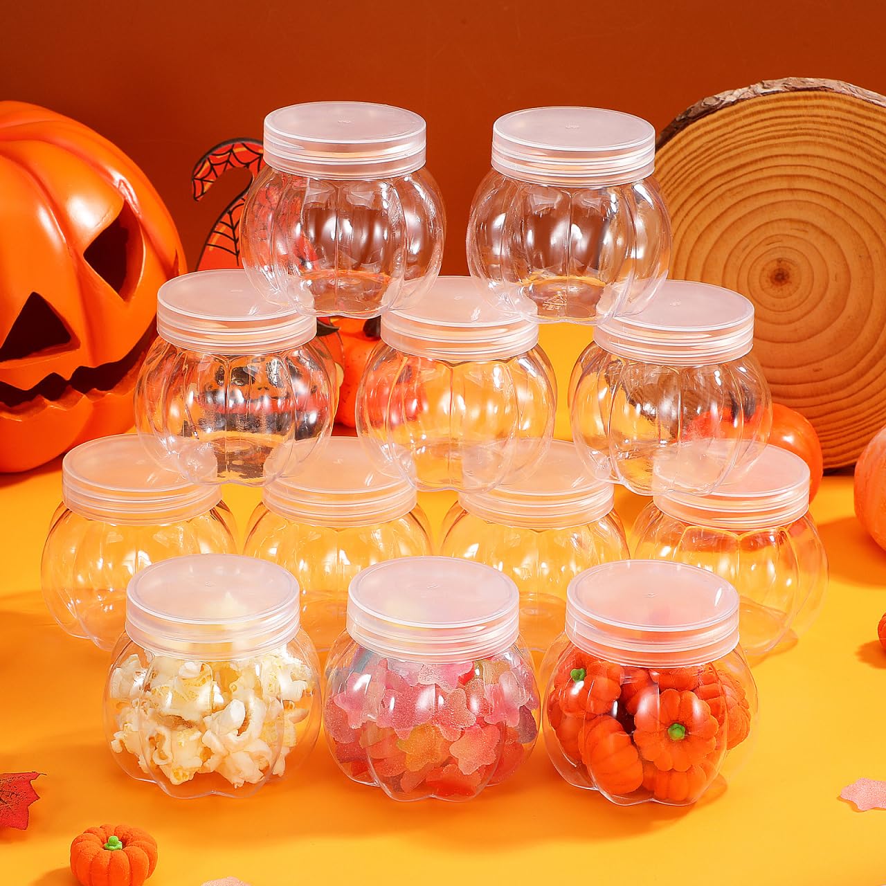 DOITOOL Lot de 12 pots à bonbons en plastique transparent en forme de citrouille d'Halloween - 150 ml - Joli pot de rangement pour biscuits d'Halloween - Décoration de fête d'Halloween