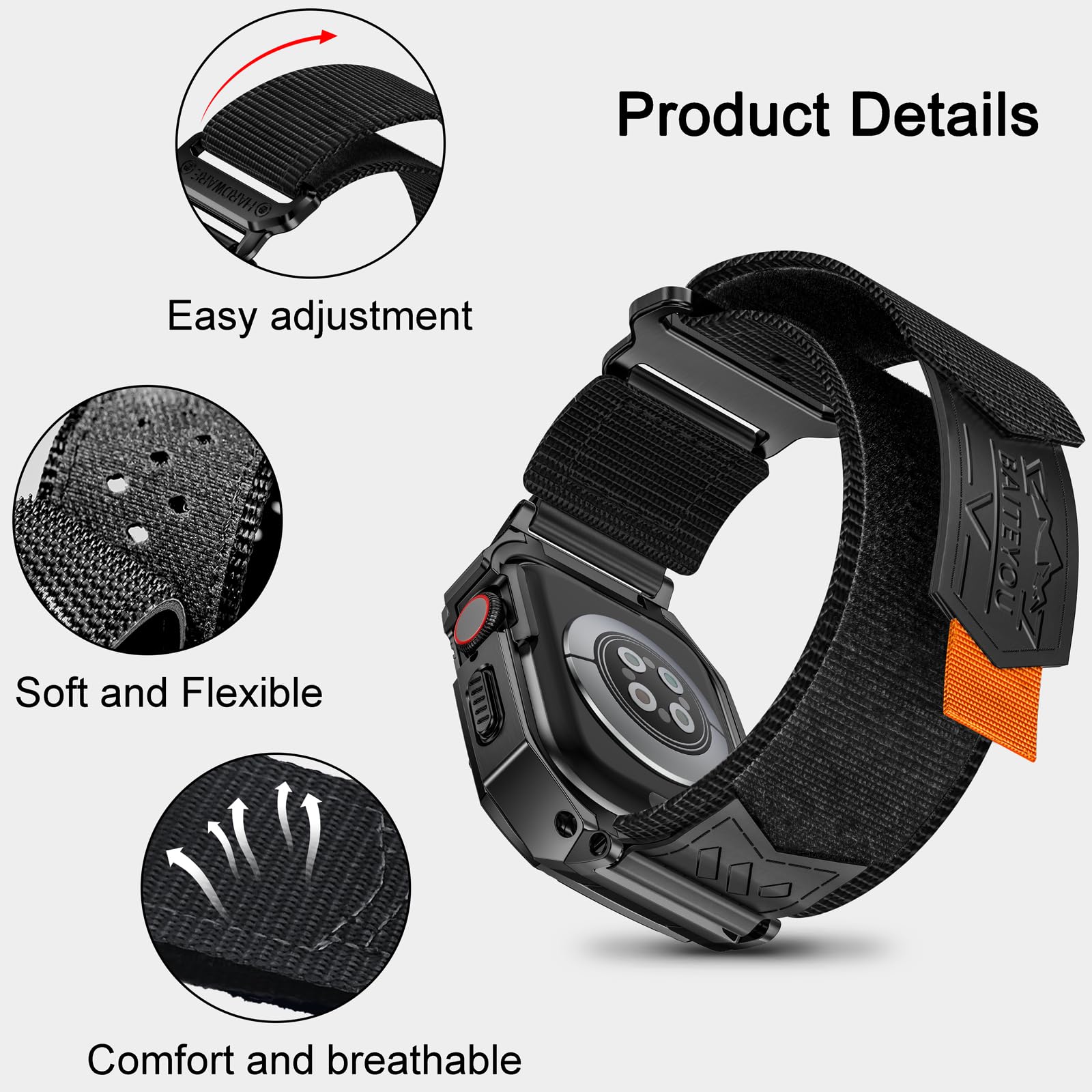 BAITEYOU Cinturino con custodia compatibile con Apple Watch Band per serie 9 8 SE 7 6 5 4 3 2 1 49 mm 45 mm 44 mm 42 mm 41 mm 40 mm 38 mm, custodia robusta in acciaio inossidabile per cinturini iwatch