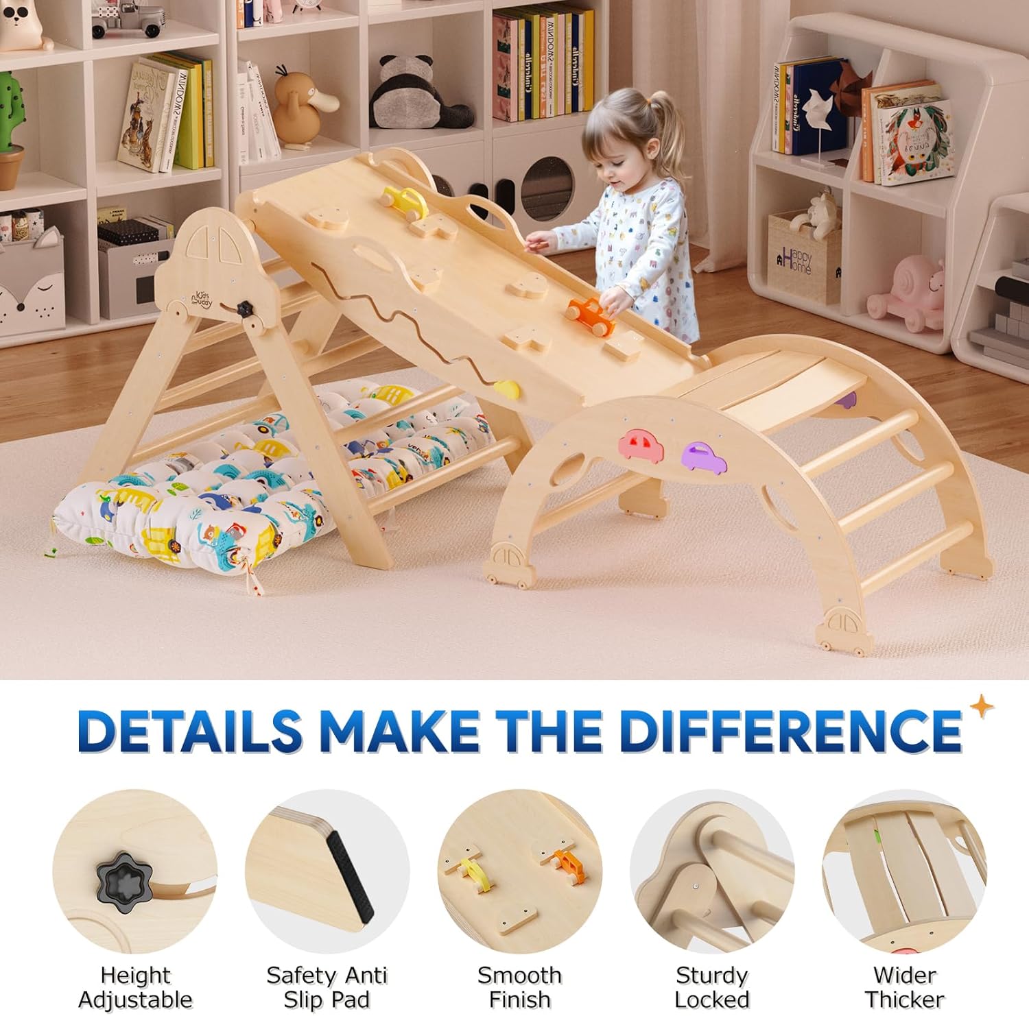 Pikler Triangle Set with Cushion 9 in 1 Foldable Montessori Climbing Toys for Toddlers 1-3 Indoor Wooden Kids Playground Baby Climbing with Maze Toys, Shape Sorter Toys, Car