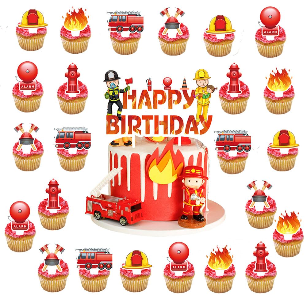Decoraciones Para Tartas De Cumpleaños Con Tema De Bomberos - 24 Piezas De Cartón, Incluye Camión, Sombrero Y Más