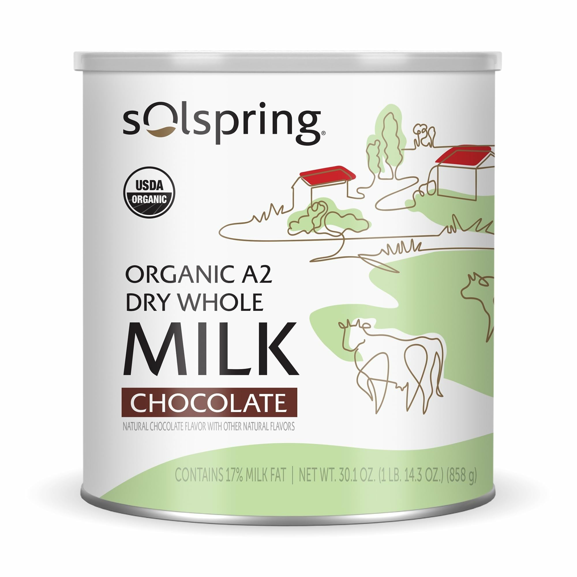 Dr. Mercola Solspring Organic A2 Dry Whole Milk - Powdered Milk with A2 Beta-Casein for Less Digestive Discomfort - Organic, Gluten-Free & Soy-Free - Chocolate Flavor - 17.4 oz (15 Servings)USDA Organic