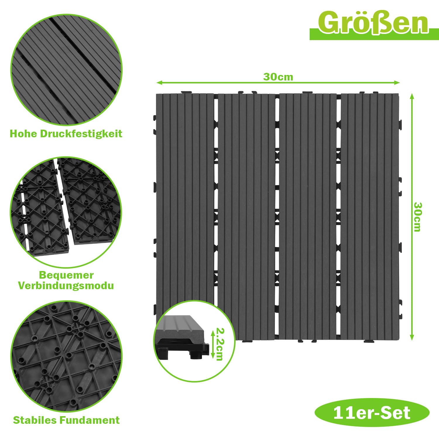 Dalles en bois composite 30x30 cm, 33 pièces de dalles à clipser pour balcon pour 3 m², dalles en bois composite pour terrasse avec système de clic, revêtement de sol pour balcon résistant aux