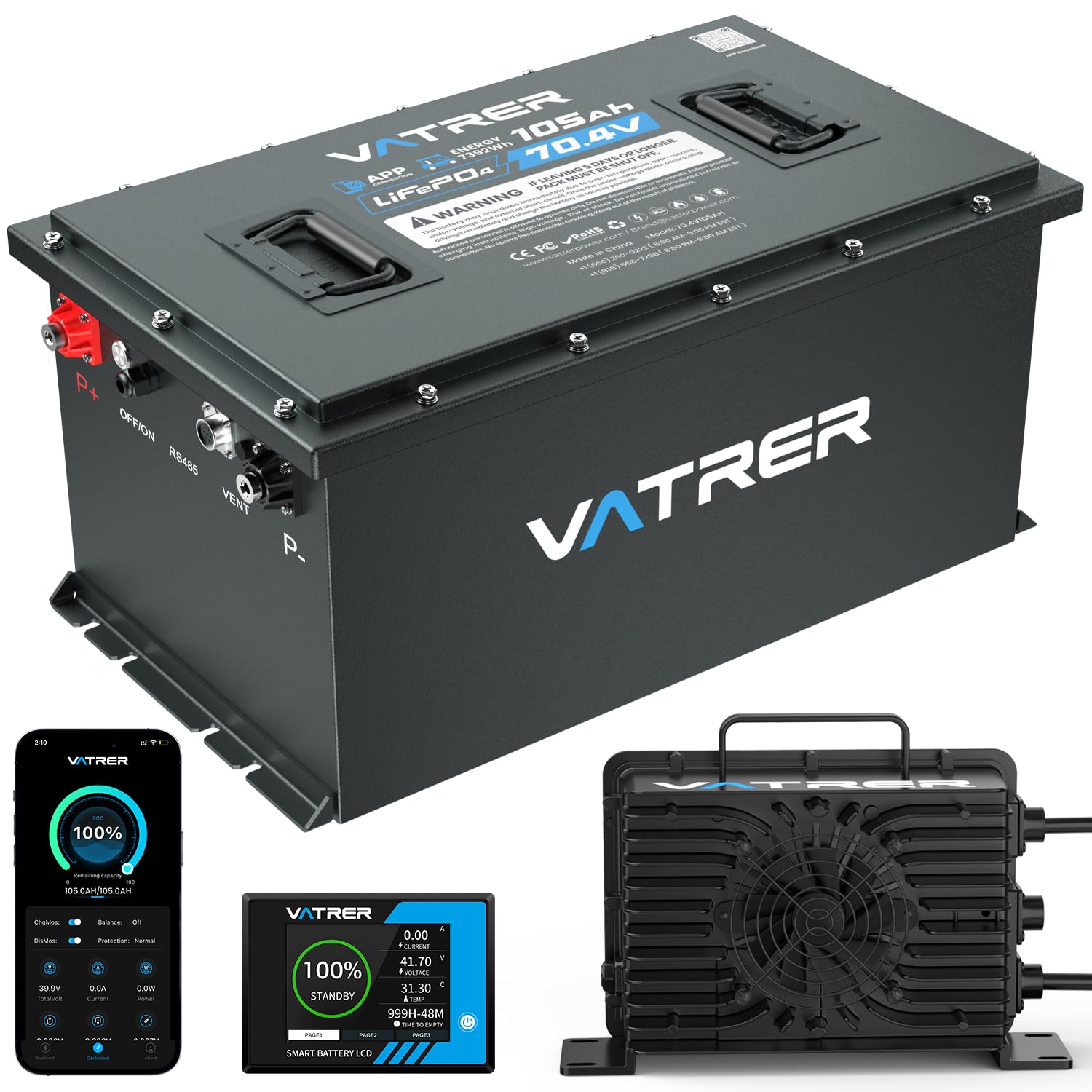 VATRER POWER 72V (70.4V) 105Ah Lithium Golf Cart Battery, Built-in 200A BMS, with Touch Monitor & APP, 2C Discharge, Max 14.08kW Power Output, 4000+ Cycles LiFePO4 Battery, Perfect for Golf Carts
