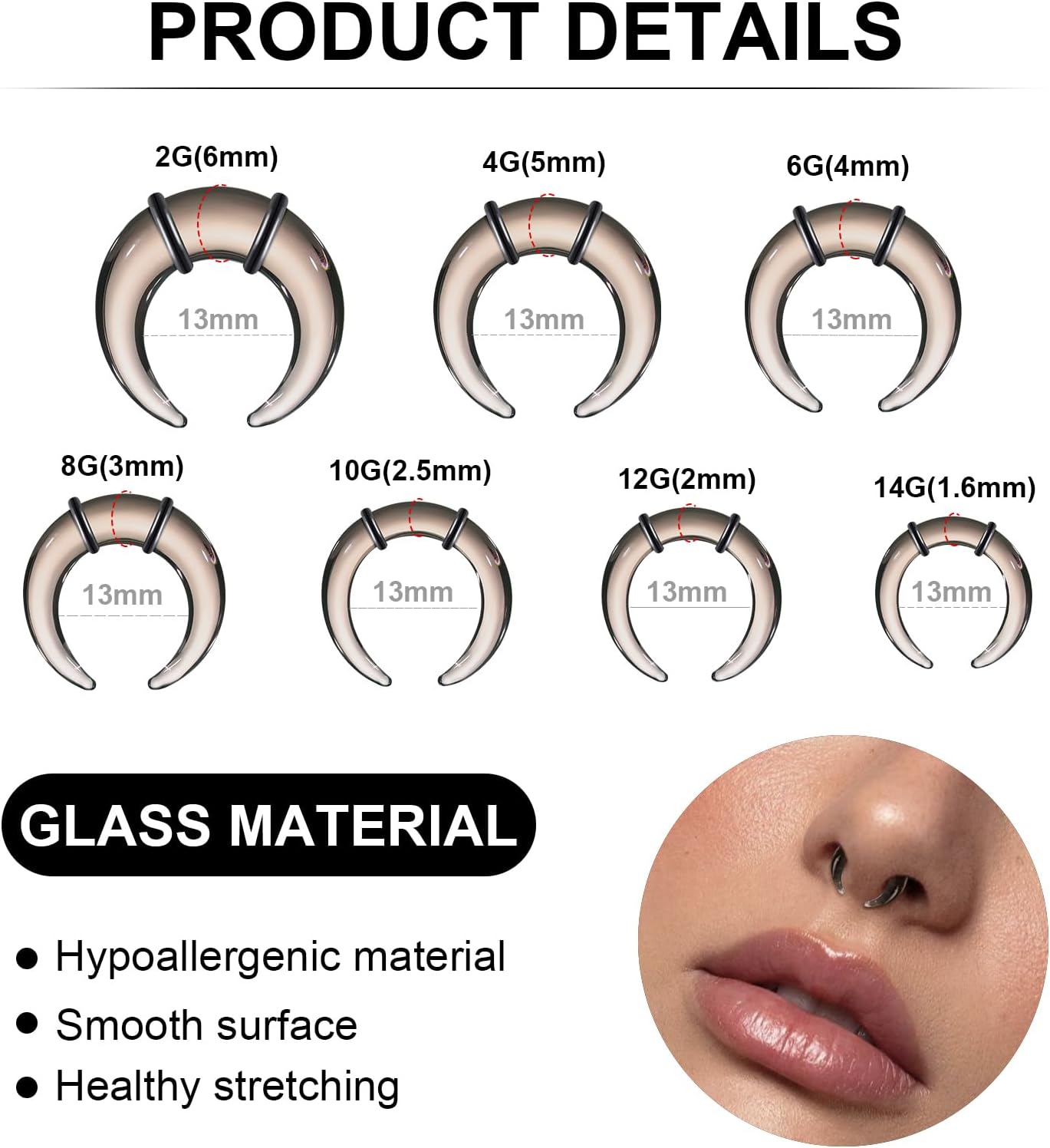 Longbeauty 14 Pcs Glass Septum Stretching Kit 14G-2G Ear Gauges Expander Set C Shape Tapers Gauges Horseshoes Body Piercing Jewelry Set