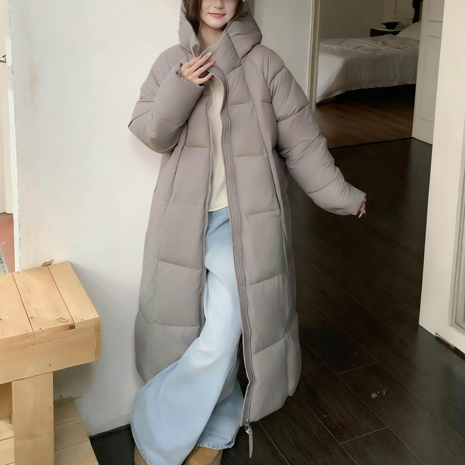 HAOLEI Abrigos de Invierno para Mujer Chaqueta Acolchado Largo con Capucha Gruesa Cálido Abrigo Plumas Mujer Otoño Invierno Elegante Cazadora Cremallera Parka Viento Caliente Outwear con Bolsillos
