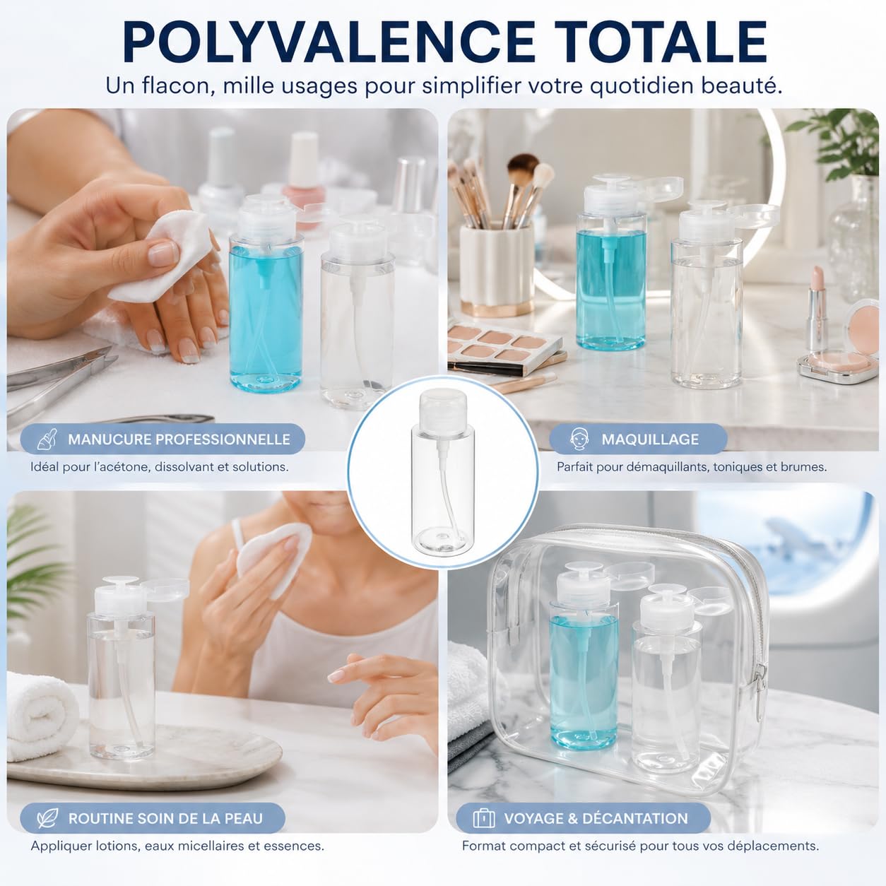 Operitacx 2 Dispensadores con Bomba 300 ml, Botellas Vacías Transparentes para Quitaesmalte, Desmaquillante, Alcohol, Loción y Cosméticos, Envases Recargables para Algodón y Manicura