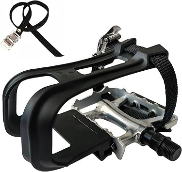YBEKI All-Terrain Bike Pedals with Toe Clips & Adjustable Straps Dual-Purpose Resin/Alloy Bicycle Pedals 9/16" Spindle - Indoor/Outdoor Use for Exercise/Spin/Road Bikes MTB