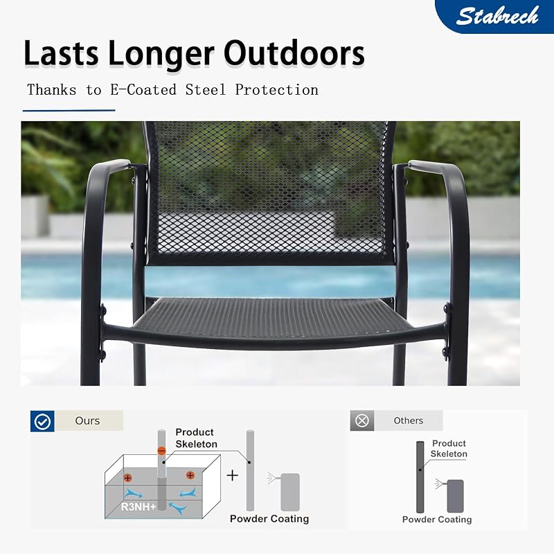Stabrech 5 Pieces Outdoor Dining Set for 4, Black Metal Mesh Outdoor Dining Table and 4 Black Metal Mesh Stackable Patio Chairs with Armrest, Patio Table and Chairs Set for Lawn Garden Backyard image 5