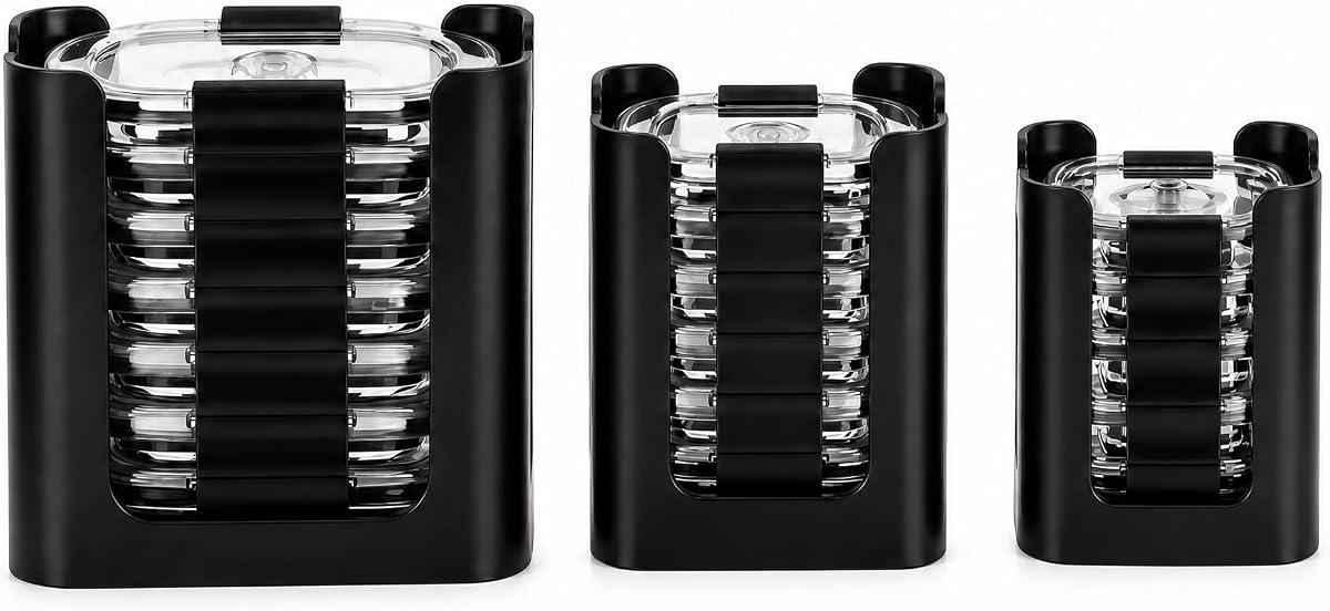 Food Container Lid Organizer for Rubbermaid Brilliance, 3-Pack | Fits 4.7, 3.2, 1.3, 0.5 Cup Rubbermaid Brilliance Lids, Holds 24 Snap-On Lids, Stackable Kitchen Cabinet Organizer(Black)
