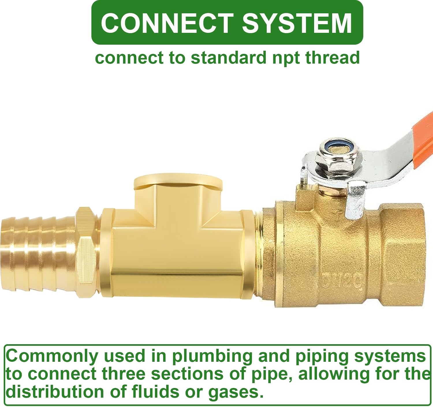 Jingzan 2 Pack 1/2 NPT Brass Pipe Fitting Tee,3 Way T-Connector 1/2" x 1/2" x 1/2" NPT Female Adapter for Gas, Air, Oil, Propane
