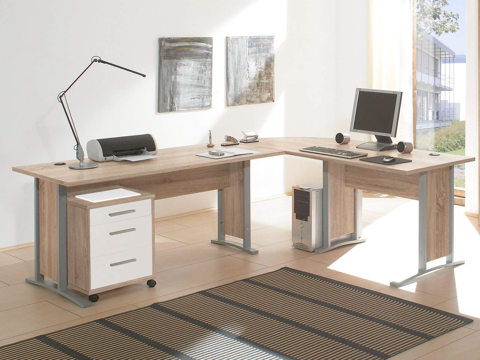 möbelando Büro-Set Büroprogramm Bürokombination Büroeinrichtung Komplettset Clermont I Sonoma-Eiche/Weiß