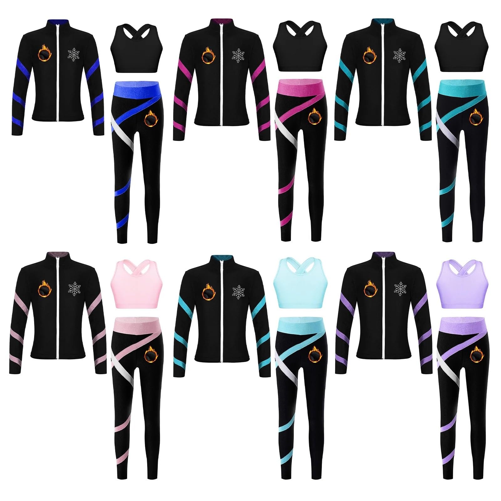 Abbigliamento Bambina Tuta sportiva da bambina for ginnastica, pattinaggio di figura, giacca a maniche lunghe con cerniera con gilet, leggings, allenamento, tuta fitness for yoga(Black Blue Green A,16