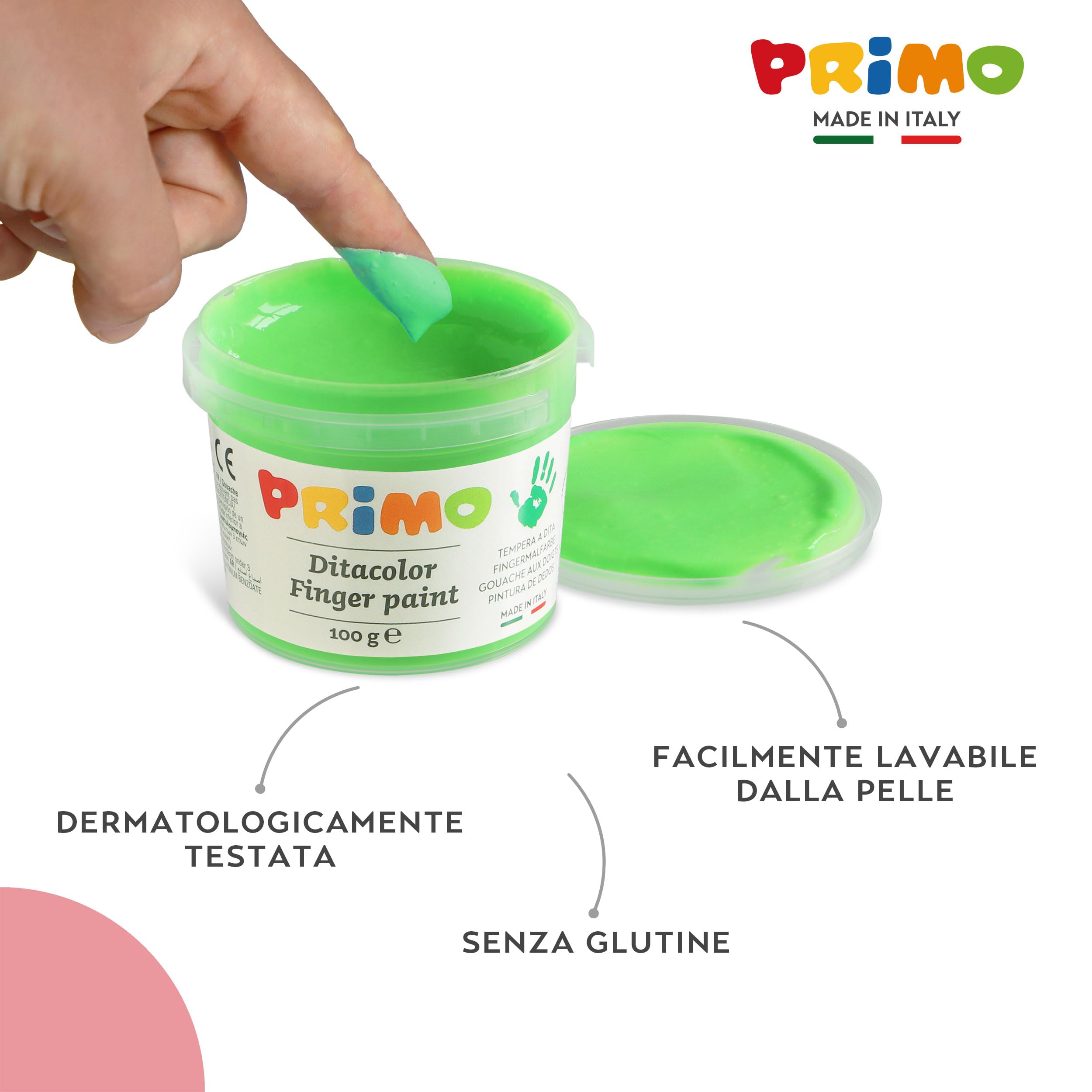 PRIMO - Valigetta Colori per Bambini +2 Anni Prima Infanzia, Tempere per Dipingere a Dita 100g 6 Colori Fluo per Carta Vetro, Tempera Pittura Cartoleria e Lavoretti Creativi Dermatologicamente Testata