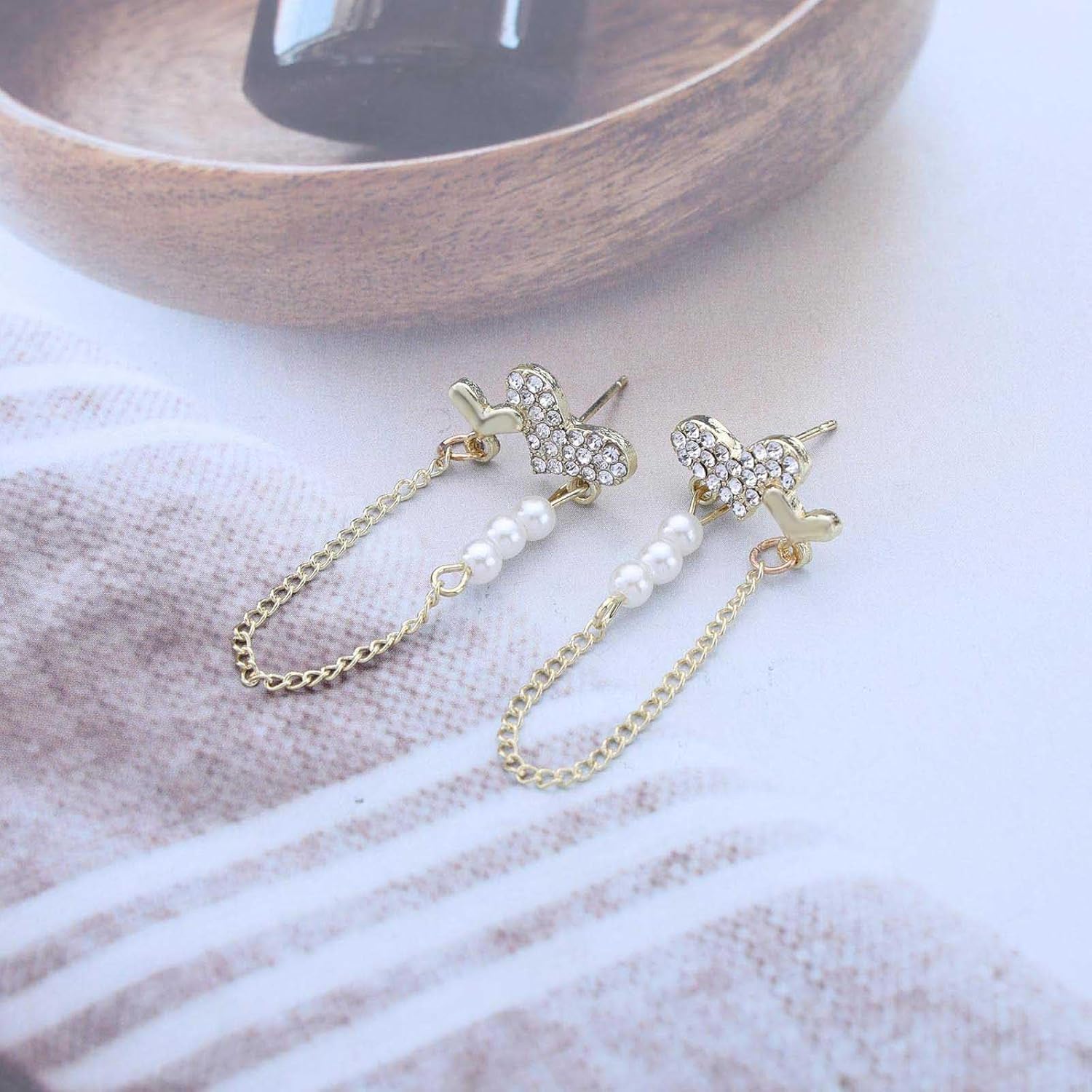Sparkly Crystal Heart Tassel Dngle Earrings Pearl Chain Stud Earrings Gold Cz Heart Drop Earrings Rhinestone Heart Post Earrings Jewelry for Women - Image 6