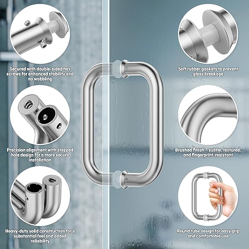 Miniatura 7 de Ranbo Hardware - Tirador tubular de puerta de ducha de 6 pulgadas para puertas de ducha sin marco, cromo pulido, con arandelas (acabado cepillado de