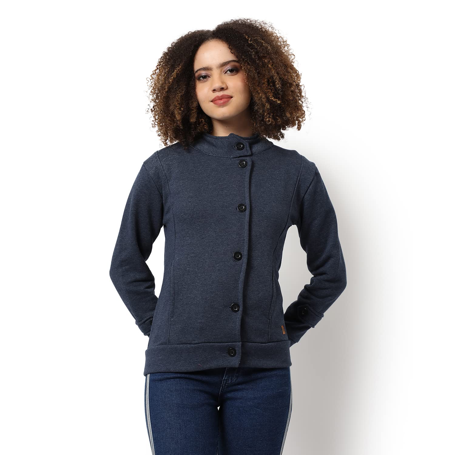 PINACOLADA Women's Prussian Blue Single-Breasted Jacket With Insert Pocket For Casual Wear | High Neck | Long Sleeve | Button Closure | Cotton Jacket Crafted With Comfort Fit For Everyday Wear 1