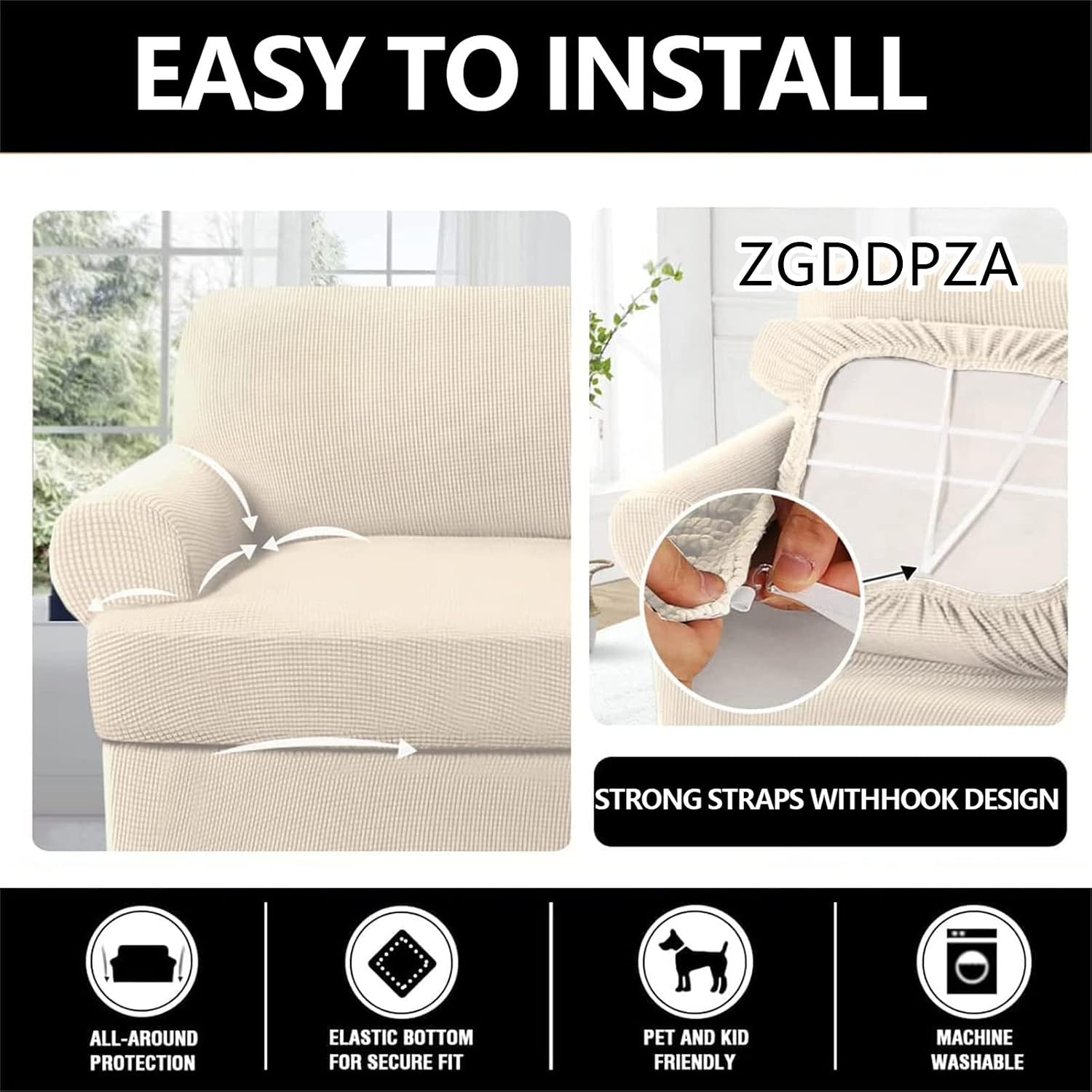 3 Piece Sofa Cover Stretch Jacquard Knitted Couch Cover with 2 Large Individual T Cushion Seat Covers Protector Sofa Slipcovers 71-96inch (Beige)