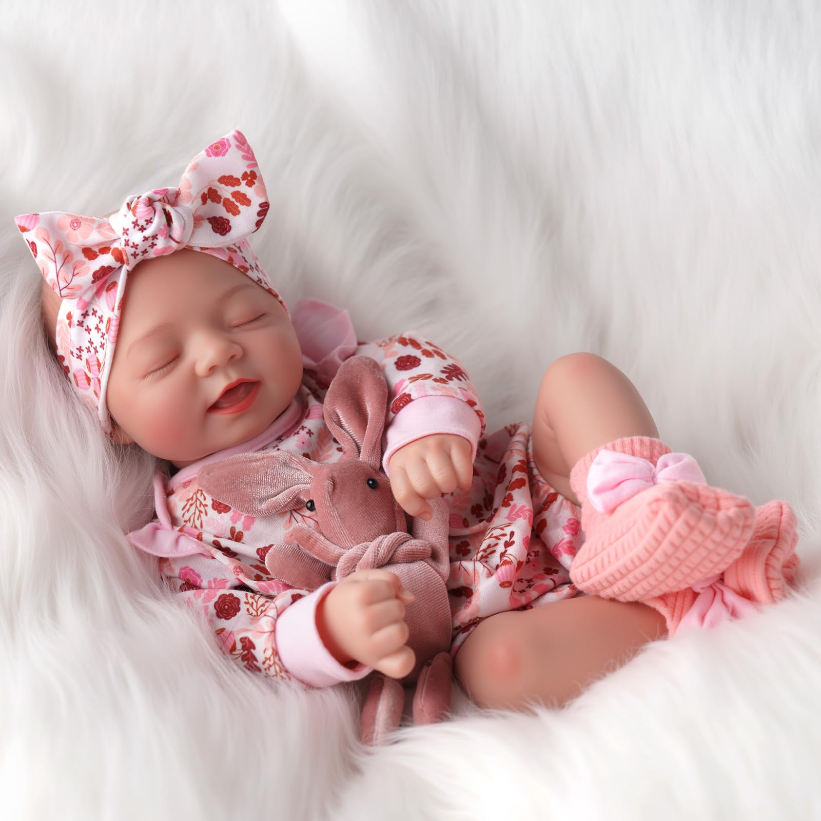 BABESIDE Lebensechte Reborn-Babypuppen 43 cm Realistische Schlafende Neugeborene-Puppe, Handgemachte echte Babypuppe mit rosa Blumenkleidung und Spielzeugaccessoires, Geschenk für Kinder ab 3 Jahren