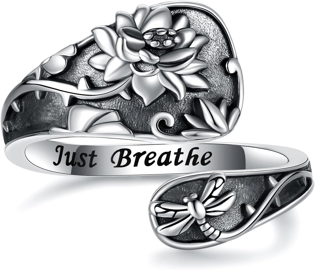 Spoon Thumb Ring for Women - 925 Sterling Silver Lotus Just Breathe Rings Adjustable Boho Style Flower Jewelry Heartfelt Inspirational Gifts for Her