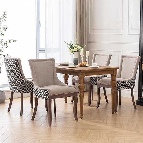 Miniatura 2 de Juego de 4 sillas de comedor tapizadas, sillas de cocina de tela con ribete de cabeza de clavo, sillas de cocina y comedor con respaldo alto, patas