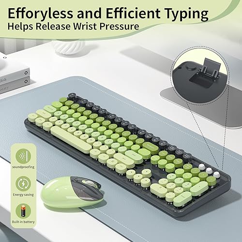 Miniatura 6 de Teclado y mouse inalámbricos, 104 teclas redondas MOFII máquina de escribir retro con OTG y cepillo, ergonómico de tamaño completo, ideal para PC