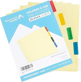 Blue Summit Supplies 5-Tab Binder Dividers, Manila Paper with Insertable Colored Plastic Tabs, Reinforced 3 Ring Dividers ...