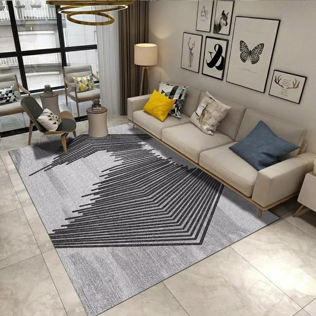 Grand tapis d'entrée intérieur gris 170x240 cm moderne avec rayures géométriques