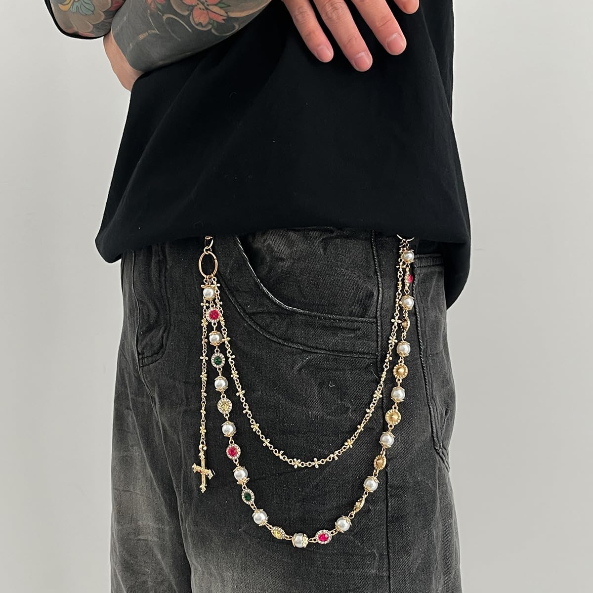 Double-Layer Pants Chain with Pearls Cross, Perfect for Trendy Hip-Hop Wallet Chain, Keychain, Bag Accessory - Image 3